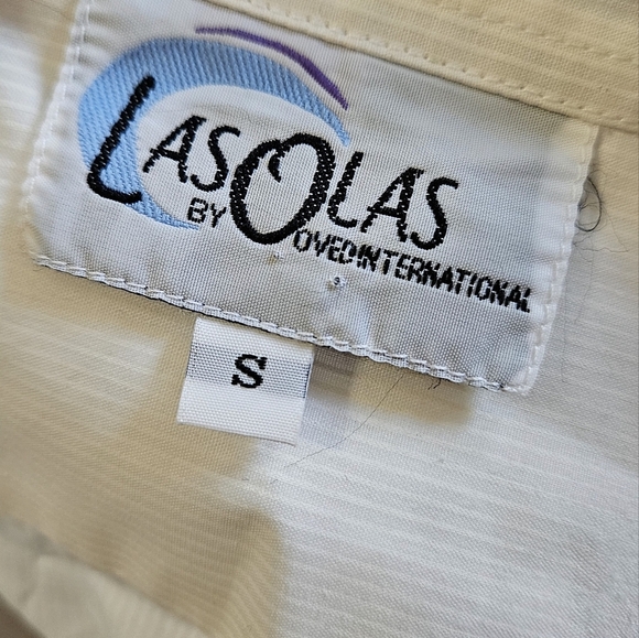 Vintage LAS OLAS Embroidered Button Down Shirt with Tropical Print White/gold. S - Picture 14 of 14